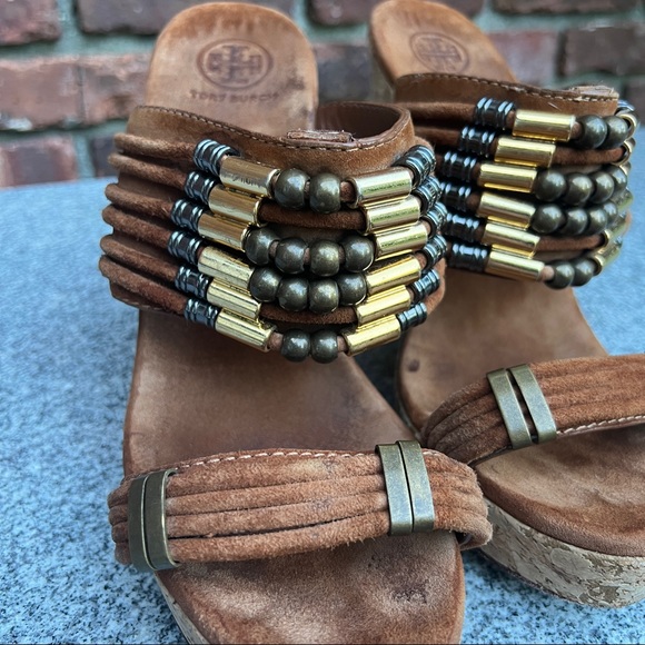 TORY BURCH 10.5 tan suede beaded wedge sandal - Picture 6 of 14